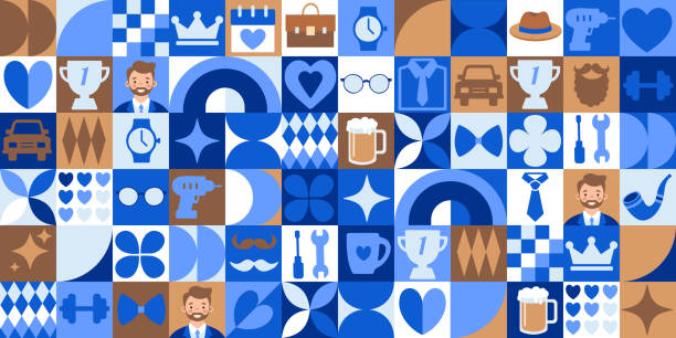 Happy Father's Day icons elements with geometric pattern. Happy Father's Day icons elements with geometric pattern. Bauhaus style. Vector flat design for poster, card, wallpaper, poster, banner, packaging. fathers day stock illustrations