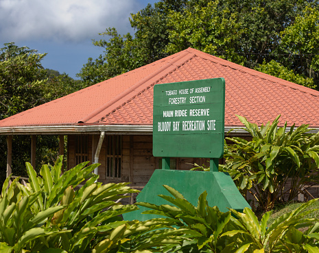 Sign and visitor centre at Bloody Bay Recreation Site in the Main Ridge Reserve in Tobago