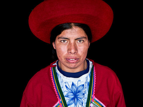 Close-up portrait of an indigenous woman weaver from the Peruvian village of Chinchero