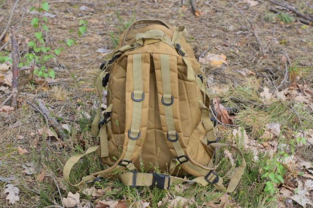 istock one brown army backpack standing on a earth outdoors 2149577786