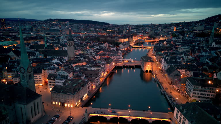 Aerial View of Zurich City at Dusk