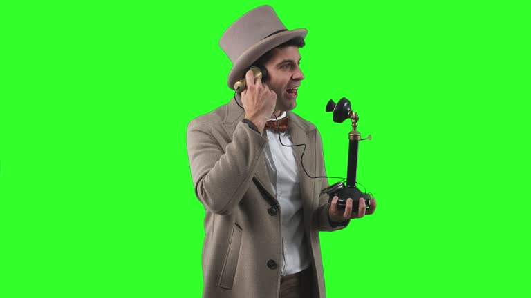Vintage Businessman Making a Call with Antique Phone chroma green screen