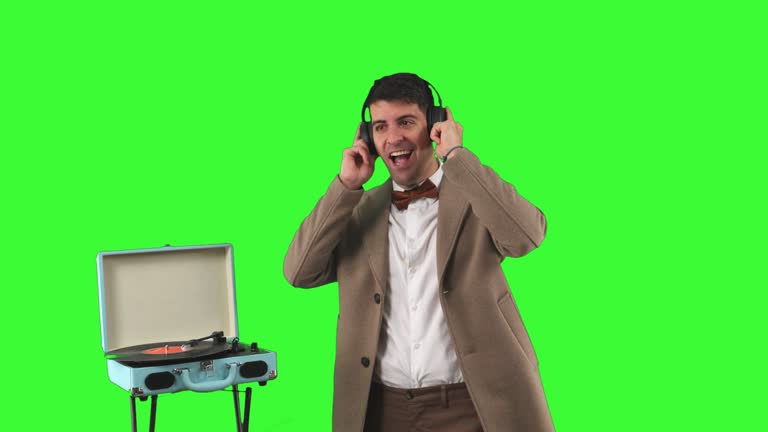 vintage man Transformation: Trading a Classic Record Player for Modern Headphones in Style chroma