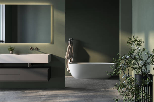 istock A bathroom with a white bathtub and a green wall 2149584836