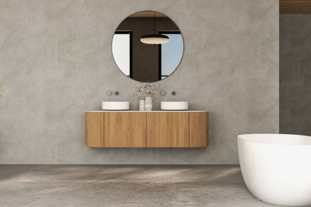 istock A bathroom with a large mirror and a white bathtub 2149584921