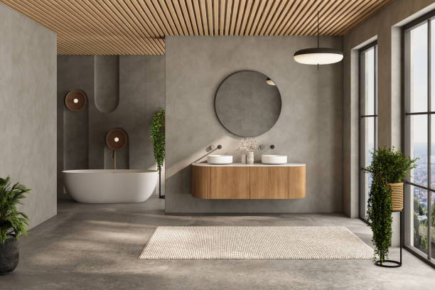 istock A bathroom with a large mirror and a bathtub 2149584973