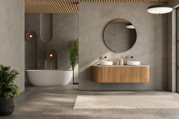 istock A bathroom with a large mirror and a white bathtub 2149585068