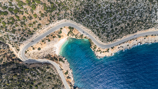 Aerial view of winding coastal road between Antalya and Kaş, Turkiye