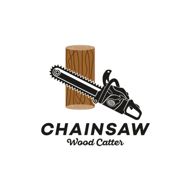 illustrations, cliparts, dessins animés et icônes de conception d’illustration de modèle vectoriel de logo de tronçonneuse - tronçonneuse