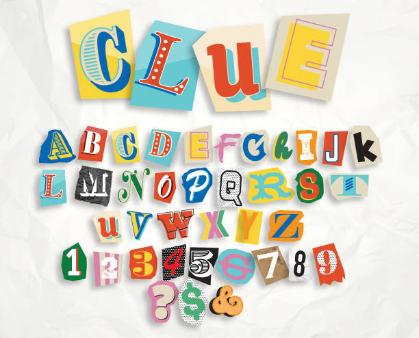 Retro Mystery font design alphabet includes capital letters and numbers on crumbled paper background Vector illustration of a Retro Mystery font design alphabet includes capital letters and numbers on crumbled paper background. Use for Murder Mystery Dinner Theatre, Ransom Note, Escape Room or any letter puzzle or game to solve clues. Includes fully editable vector art to customize your own text. Individually grouped for easy editing and customization. Crumpled background. Download features vector EPS and high resolution jpg download. mystery texture stock illustrations