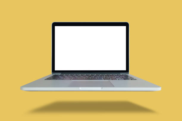 istock Laptop with blank screen isolated on yellow background 2149591319