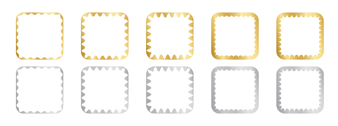 Set of gold square mirror, photo or picture frames with wiggly inner borders. Design elements with scalloped edges. Golden labels, stickers or tags isolated on white background. Vector illustration.