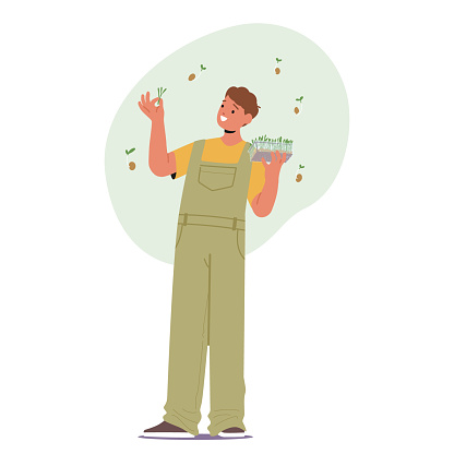 Farmer Male Character Enthusiastically Presents Vibrant Microgreens, Demonstrating Their Nutritional Value And Cultivation To Intrigued Visitors At A Local Market. Cartoon People Vector Illustration