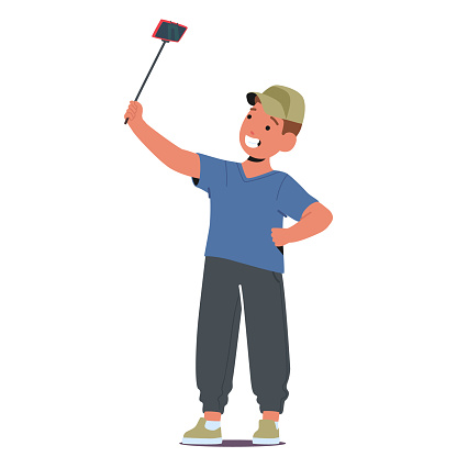 Young Boy Capturing A Selfie Isolated on White Background. Kid Character Grinning, Arm Extended, With A Gleeful Expression, Immersed In The Joy Of The Moment. Cartoon People Vector Illustration