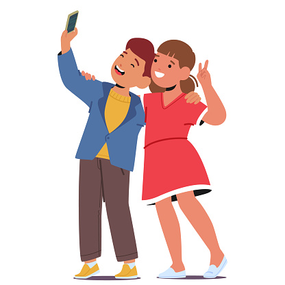 Two Kids Boy And Girl Characters Grinning Widely, Heads Close Together, Capturing A Joyous Moment In A Playful Selfie Snapshot. Children Photographing Together. Cartoon People Vector Illustration