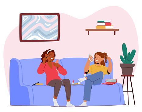 Teenage Girls Experiment With Makeup At Home, Blending Colors, Perfecting Eyeliner And Mastering Techniques To Enhance Their Features With Excitement And Creativity. Cartoon People Vector Illustration