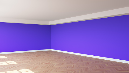 Corner of the Sunny Room with Violet Walls, a White Ceiling and Cornice, Glossy Herringbone Parquet Floor, and a White Plinth. Unfurnished Interior Concept. 3D Rendering, 8K Ultra HD, 7680x4320