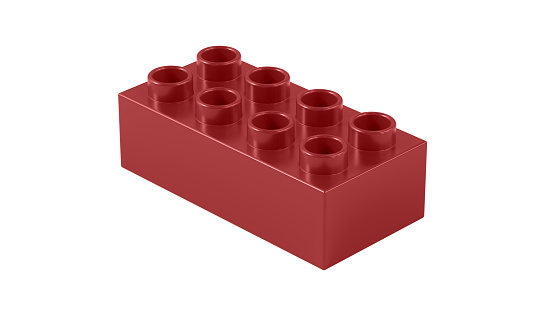 Maroon Plastic Toy Block Isolated on a White Background. Children Toy Brick, Perspective View. Close Up View of a Game Block for Constructors. 3D Rendering. 8K Ultra HD, 7680x4320, 300 dpi