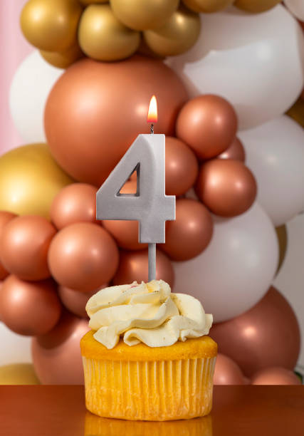 istock Cupcake with birthday candle on balloons background - Number 4 2149593242