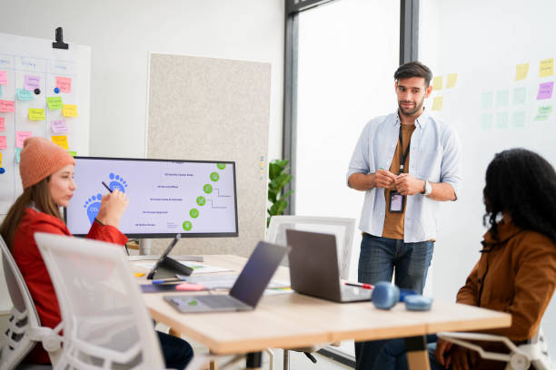 istock Team leader engages with colleagues on project details, utilizing a transparent board for agile planning. 2149597642