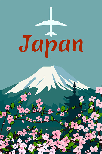 Travel poster mount Fuji Japan retro. Plane, spring landscape, pagoda, blossom Sakura cherry postcard, background, vector illustration