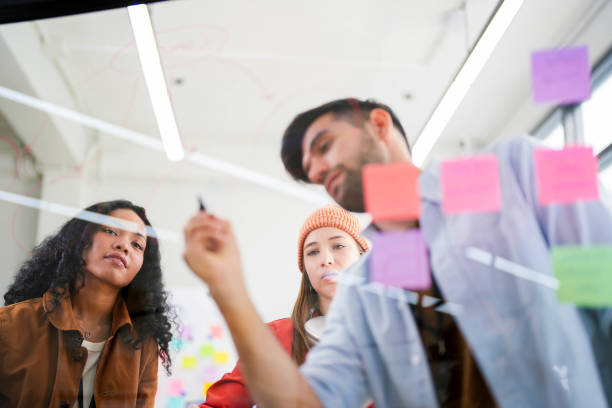 istock Business professional uses a glass wall covered with sticky notes to outline processes during a team meeting. 2149599064