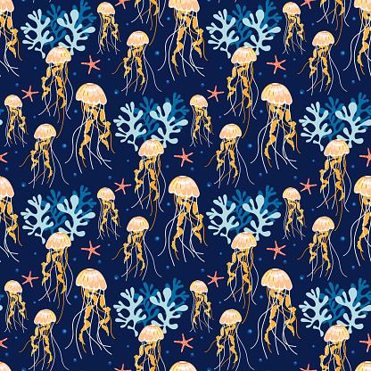Underwater sea life vector background with jellyfish, starfish, seaweed seamless pattern design