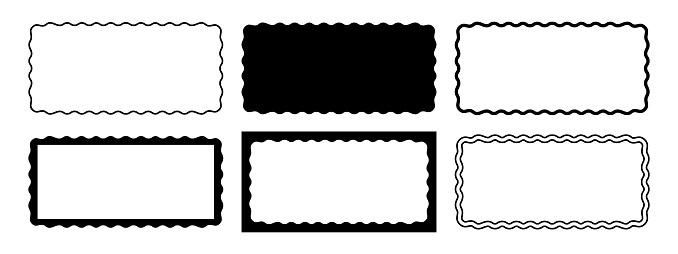 Set of rectangle frames with wiggly edges. Rectangular shapes with undulated borders. Picture or photo frames, empty text boxes, tags or labels scrapbook wavy elements. Vector graphic illustration.