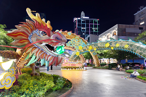 Ho Chi Minh, Vietnam - March 11, 2024: Beautiful dragon sculpture on the promenade in the center of Ho Chi Minh City
