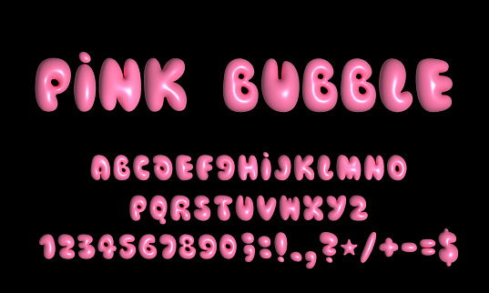 Pink bubble font. Inflated alphabet 3D ballon letters and numbers. Vector set. Vector illustration