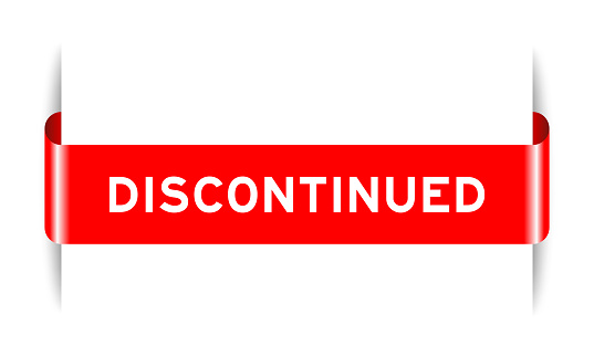 Red color inserted label banner with word discontinued on white background
