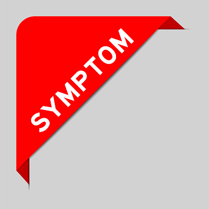 Red color of corner label banner with word symptom on gray background