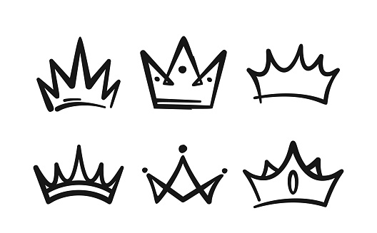 Doodle Crown Icons Set Features Charming Hand-drawn Crowns, Each With Unique Designs And Details, Conveying Regality And Whimsy. Isolated Vector Monochrome Hand Drawn Tiaras, Graffiti Elements