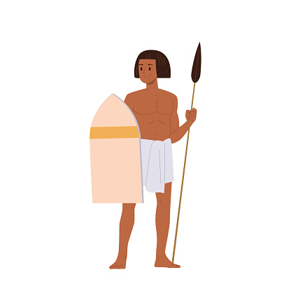 Ancient Egyptian warrior cartoon character holding shield and spear weapon isolated on white background. Antique military man soldier historical armed figure, legend Egypt defender vector illustration