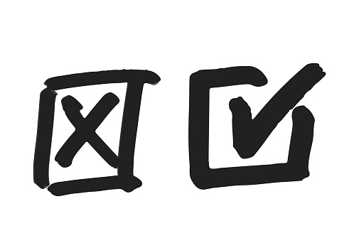 Cross Mark Indicates Incorrectness Or Negation, While A Check Mark Signifies Correctness Or Affirmation. Isolated Vector Monochrome Doodle Visual Manuscript Symbols Used For Validation Or Rejection