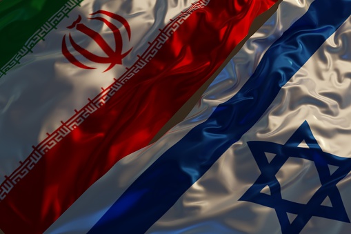 Israel and Palestine handshake, international friendship policy, flag background
