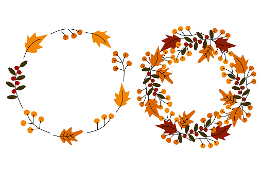 Abstract Round wreaths of leaves and twigs in trendy autumn shades Thanksgiving greetings concept Set of 2 Copy space Template for lettering Isolate EPS Vector for cards, posters, banners, brochures