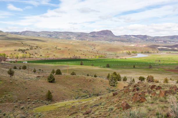 Panorama view of John Day River valley in rural environment. Central Oregon, USA