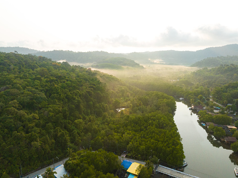 Aerial drone view of beautiful canal with trees jungle of Gulf of Thailand. Kood island, Thailand.