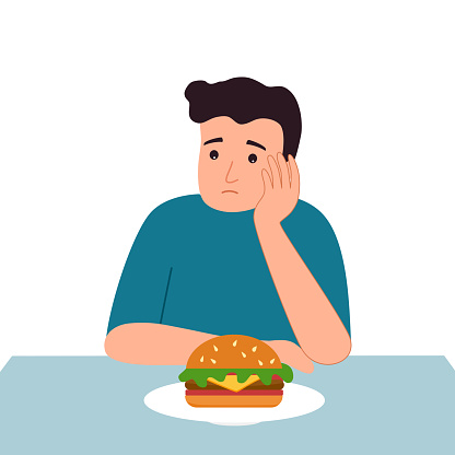 Man feel not hungry concept vector illustration on white background. Guy unable to eat.