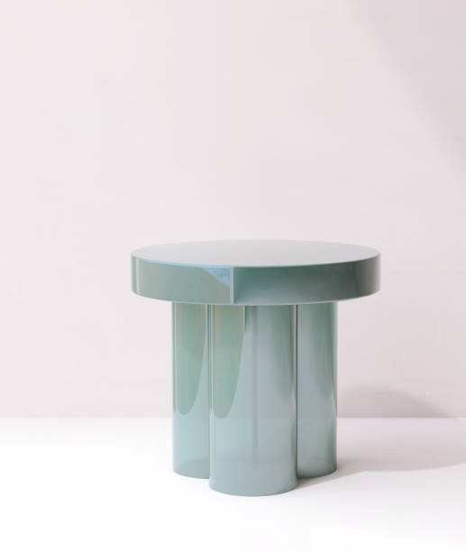 istock Modern design of gold emerald green round podium table on white floor in sunlight, shadow on wall 2149609527