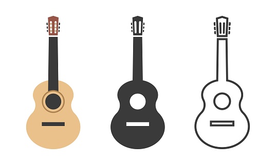 Classical guitar icon in different styles. Colored, black icon, and line icon. Guitar icon pictogram in flat, silhouette, linear style. Simple vector design sign, symbol, logo for music app, web