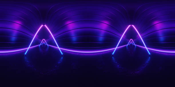 Glowing neon lines. Full spherical panorama 360 degrees. Reflections on ground, lights, abstract vintage retro background, ultraviolet, spectrum vibrant colors, laser show. 3D render illustration.