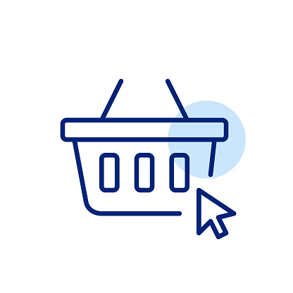 Mouse pointer clicking on shopping basket. Online shopping, seamless add to cart functionality. Pixel perfect, editable stroke vector icon