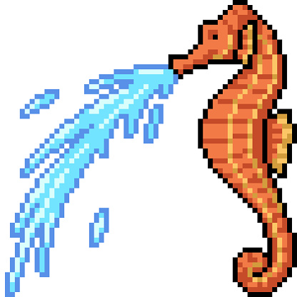 pixel art of seahorse water squirt isolated background