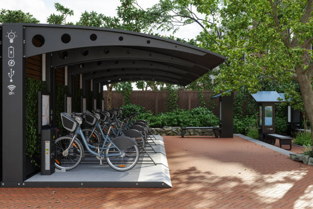Row Of Bicycles In Parking Station With Solar Panels. Bicycle Sharing System
