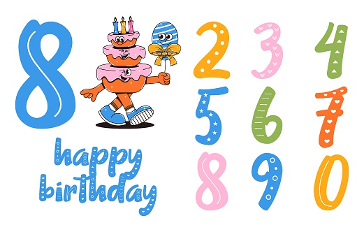 Happy birthday banner in retro groovy style. Vintage walking character and numbers. Funky mascot psychedelic smile.