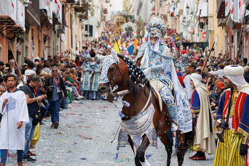 04-20-2024, Alcoy, Spain: Rider and horse from the special squad of the Mudejar group parading through the streets of Alcoy. Popular festivals declared of international tourist interest since 1980