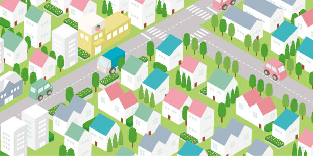 the view of house in the town landscape.isometric illustration. - blumenbeet von oben stock-grafiken, -clipart, -cartoons und -symbole