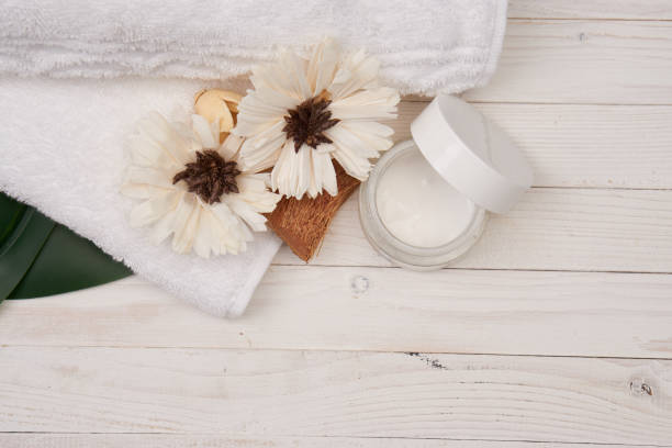 istock White towel cosmetics bathroom accessories wooden background scenery 2149616532
